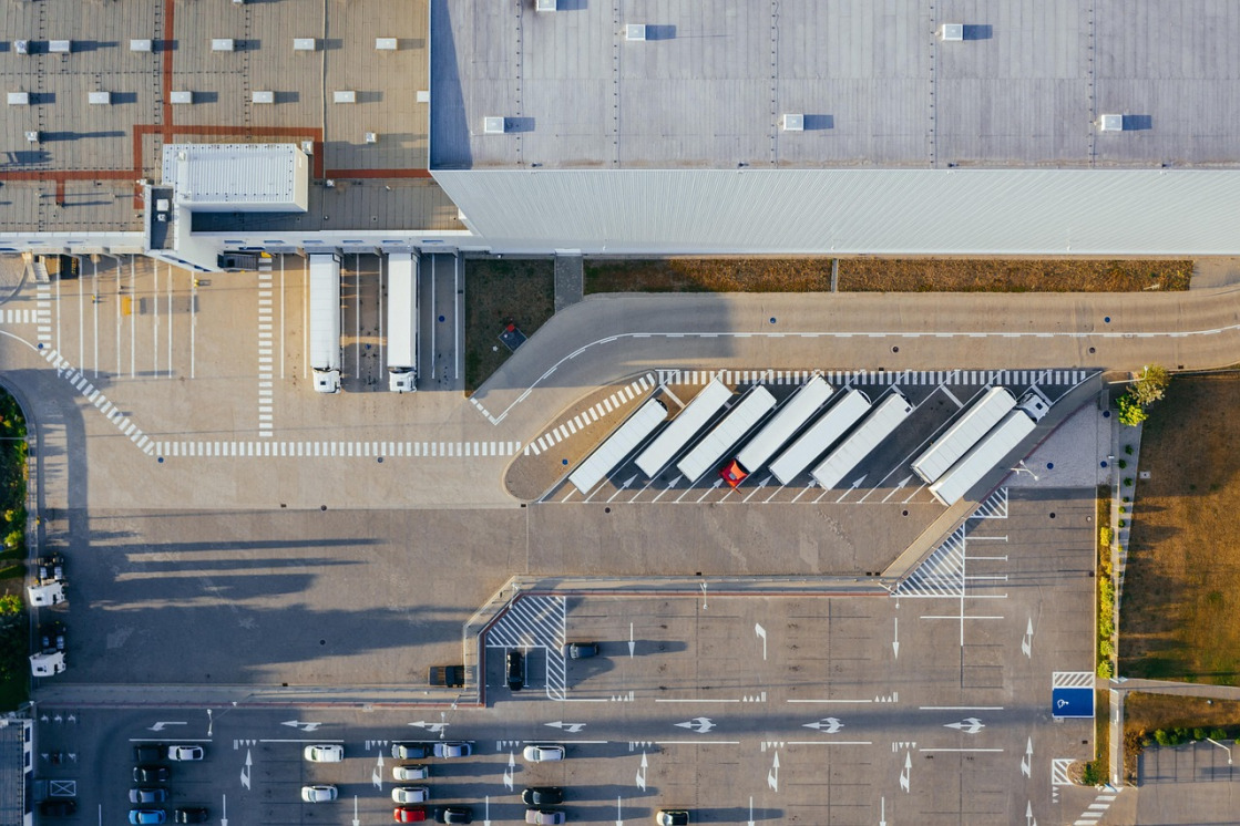 Aerial logistics depot with trucks
